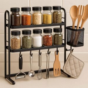 Tiered Kitchen Countertop Spice Rack With Hooks Small Utensil Storage Organizer