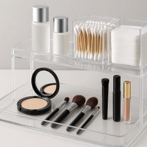 Sleek Acrylic Bathroom Vanity Countertop Organizer Multi Purpose Makeup Storage Tray Shelves