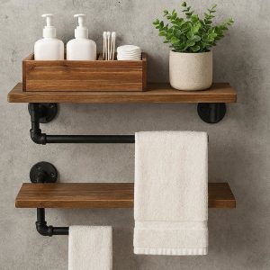 Industrial Bathroom Wall Floating Shelves With Towel Bar Small Wood Storage Organizer