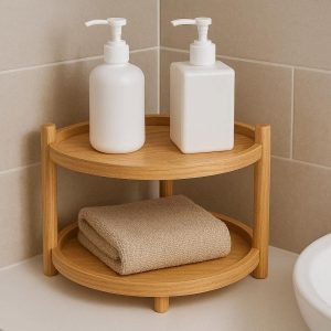 Freestanding Bathroom Countertop Corner Shelf Two Tier Wooden Vanity Storage Rack Organizer